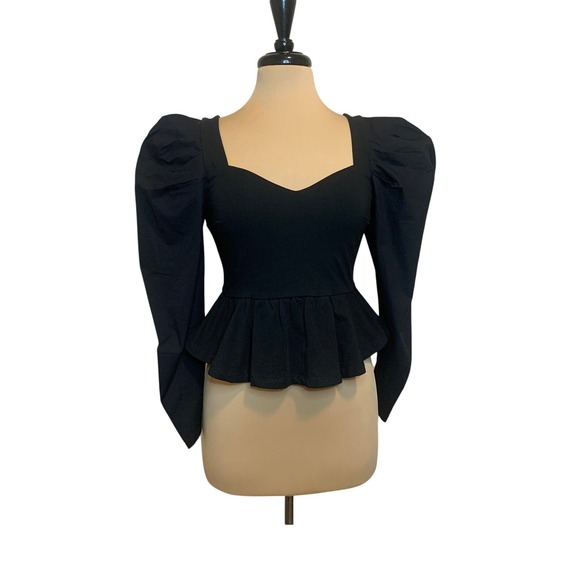 Express Tops - NWT Express Black Puff Sleeve Peplum Top Sweetheart Neck S